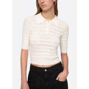 SEA NY New York Rue Fine Gauge Knit Short Sleeve Polo Sweater Off White Size XS